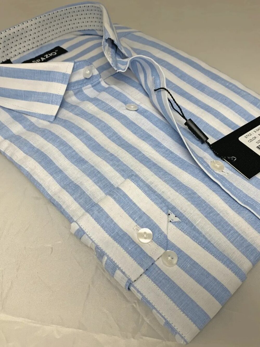 Spazio White & Light Blue Thick Vertical Stripe Linen Button Up Shirt / 3582